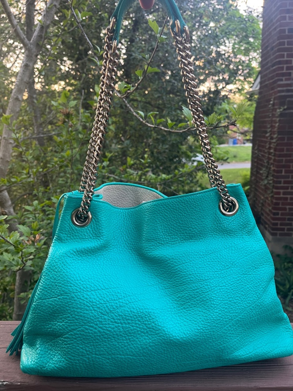 Gucci Turquoise Soho Leather Shoulder Bag with Tassel Accent - Picture 3 of 14